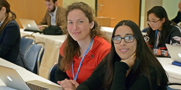 Members of the Women and Gender Constituency; Sabine Bock (WECF) and Andrea Quesada (WEDO)